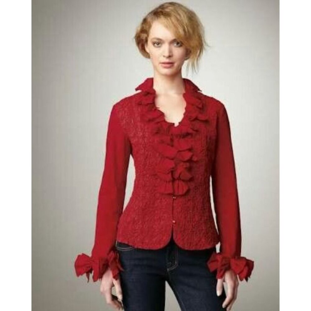Go Silk Red Smocked Button Front Applique Long Sleeve Top Blouse Shirt‎ Size XL